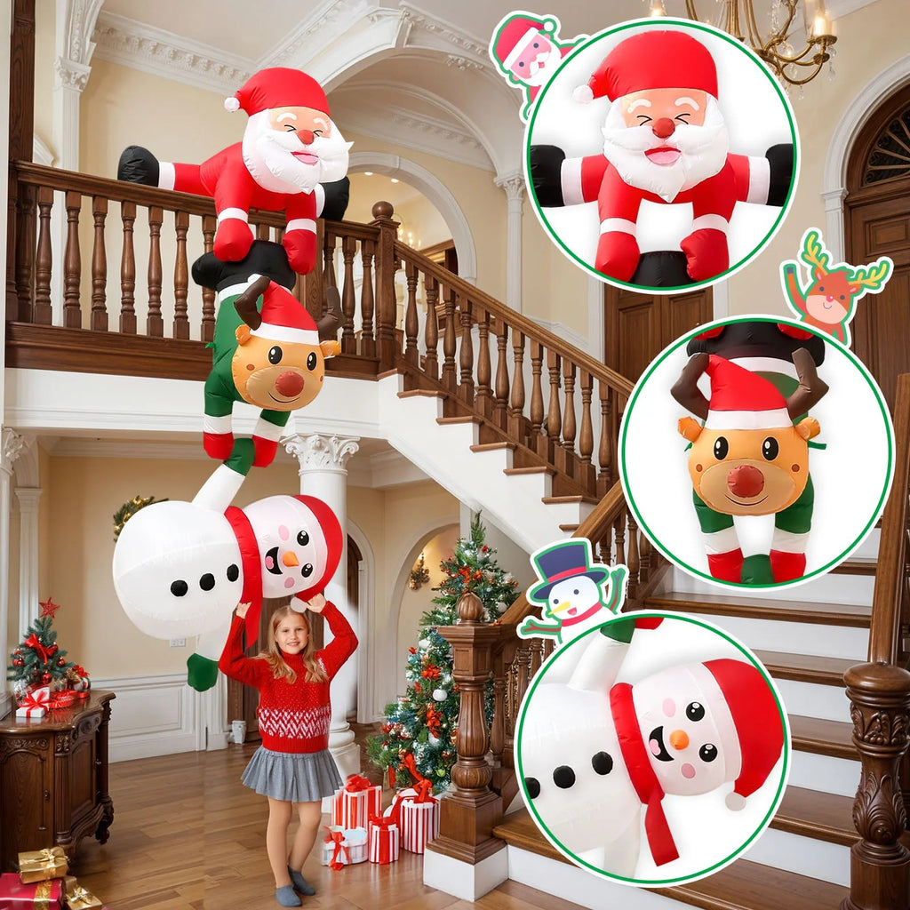8FT Christmas Inflatables Decor, Climbing Santa Claus with Reindeer & Snowman/Elves, Xmas Decor for Beam Roof Tree Indoor Party